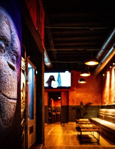 Vista del club de cannabis Three Monkeys en Barcelona con Logo en la pared